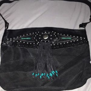 Black suede purse with silver & teal beading